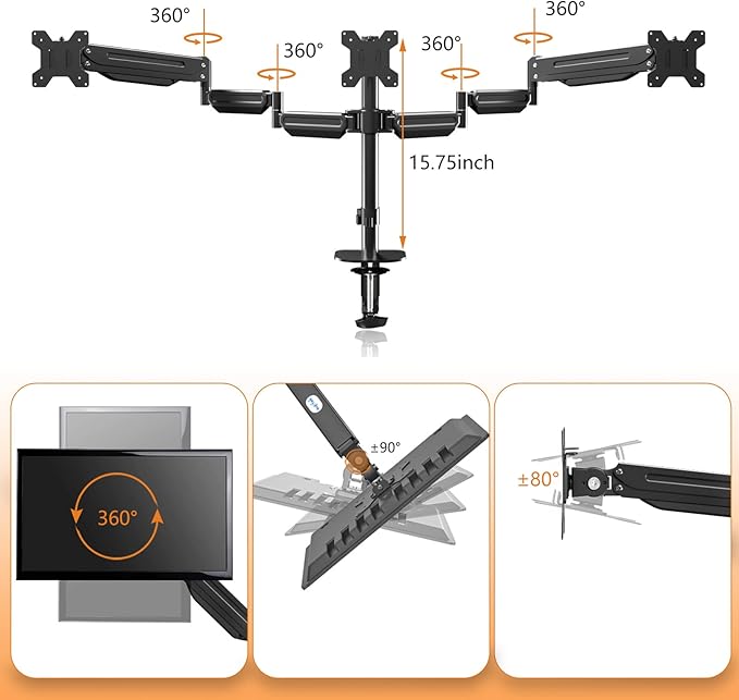 Pholiten Triple Monitor Mount for Desk, 2 Gas Spring Monitor Arms for 17-32 inches Screen, Fully Adjustable Heavy Duty Monitor Mount with Clamp & Grommet Mounting, Each Arm Holds 22 lbs
