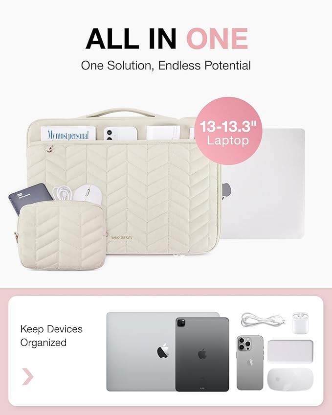 BAGSMART Laptop Case with Handle, Puffy Padded Laptop Bag Sleeve for Women, Portable MacBook Air/Pro Computer Case, 13-14 inch, Beige