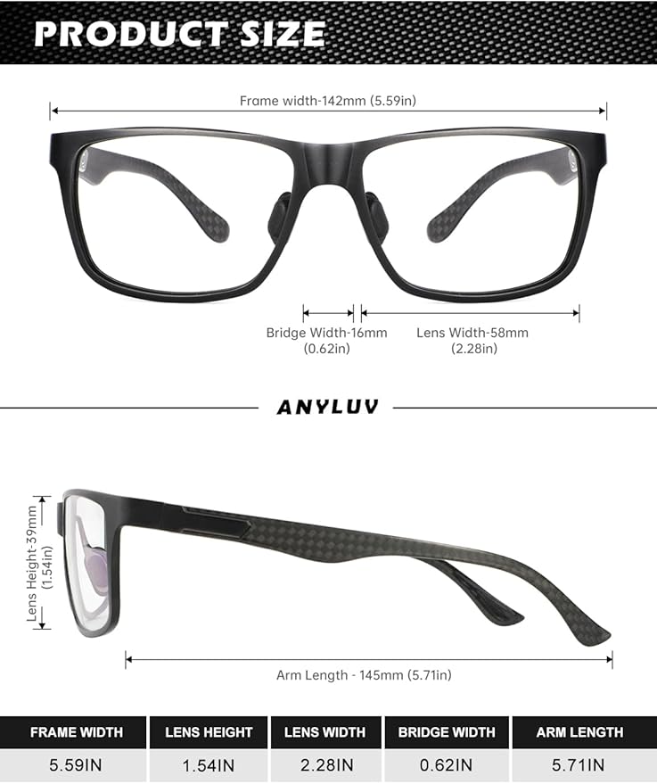 ANYLUV Carbon Fiber Reading Glasses for Men Women, Blue Light Blocking Computer Readers, Anti Glare Spring Hinge