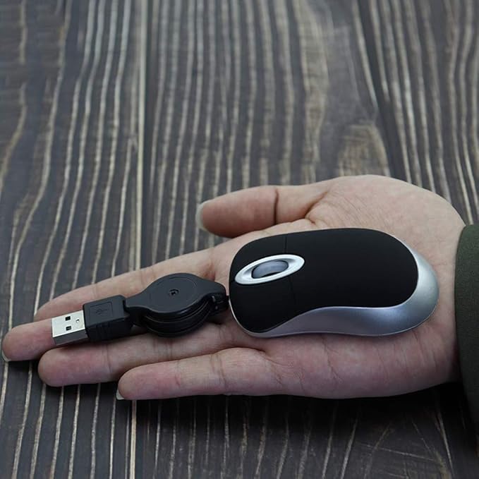 SHARE SUNSHINE Mini Small Travel Optical Mouse Portable USB Wired Mouse with Retractable USB Cord for PC Laptop Computer Desktop Office Business Home School Kids Girls Boys Women Men Gift(Black)