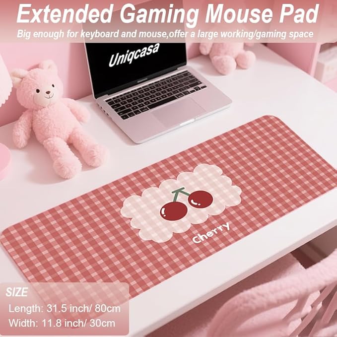 Gaming Mouse Pad 31.5x11.8 inch XL Large Extended Mouse Pad, Big Mousepad Desk Mat for Computer with Non-Slip Rubber Base and Stitched Edge-Checkered Cherry