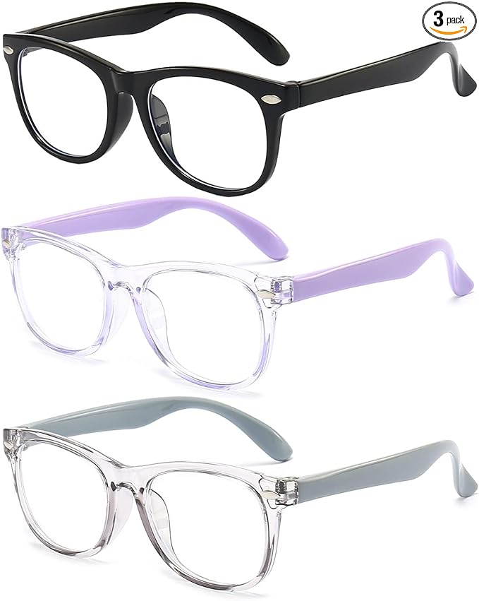 FANNYGO 3 Pack kids Blue Light Blocking Glasses For Girls And Boys Computer Blue Light Blocking Glasses For Age 3-9 (Black + Light purple + Light gray)