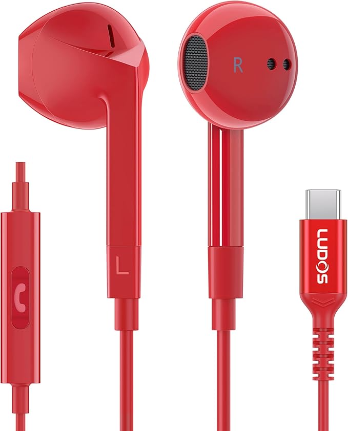LUDOS FEROX USB C Headphones for iPhone 17 16 15 Pro Max Plus Air iPad Pro, 5 Years Warranty, USB-C Earbuds for Samsung Galaxy S24 S23 Ultra S22 S21 FE S20 Z Flip 3 Fold 4 A53, USB Type C Earphones