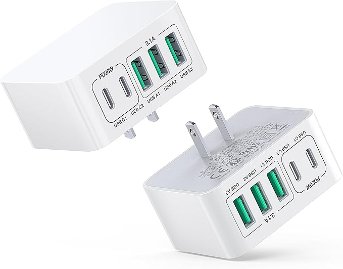 USB C Charger Block Thin Flat 50W 5-Port Wall Charger 2-Pack Type C Fast Charger Cube, PD&QC Wall Plug Power Adapter Compatible for iPhone 14/15/16/17, iPad, Airpods, iwatch, Samsung