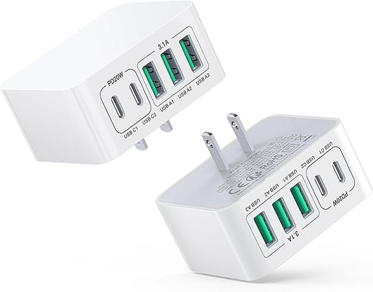 USB C Charger Block Thin Flat 50W 5-Port Wall Charger 2-Pack Type C Fast Charger Cube, PD&QC Wall Plug Power Adapter Compatible for iPhone 14/15/16/17, iPad, Airpods, iwatch, Samsung