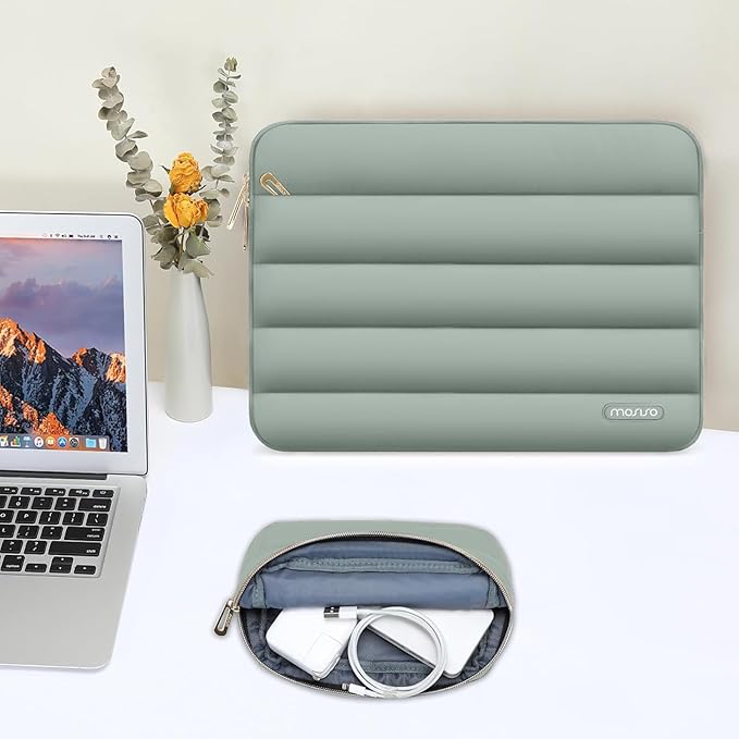 MOSISO Laptop Case 16 inch, 15-15.6 inch Puffy Laptop Sleeve Compatible with MacBook Pro 16 M5 M4 M3 M2 M1, HP Dell ASUS Acer Toshiba Lenovo, Polyester Horizontal Bag with Small Case, Antique Green