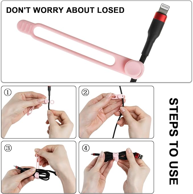 Nearockle 16Pcs Silicone Cable Straps Wire Organizer for Bundling Earphone, Phone Charger, Computer Cords, Reusable Cable Ties Cord Organizer in Home,Office,Kitchen,School(Pink) - Image 3