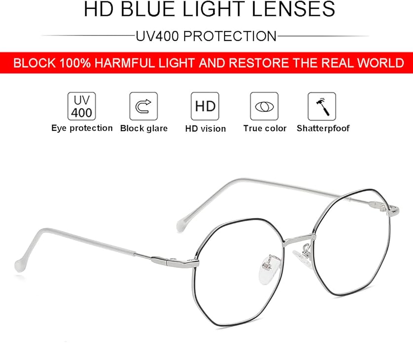 JOVAKIT Polygon Blue Light Blocking Glasses for Women Men Vintage Octagon Square Non-prescription Metal Eyeglasses
