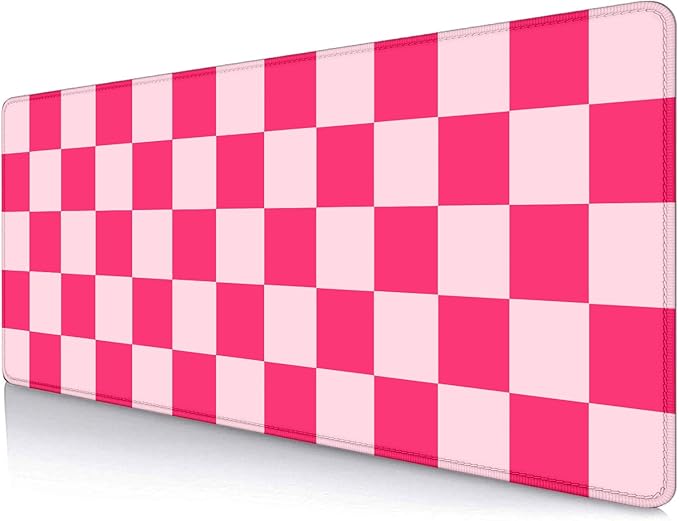 Hot Pink Cool Large Gaming Mouse Pad XL, Aesthetic Checkered Desk Pads, Computer Extended Mouse Pad Girly Women Design Kids Girls Teen Pretty Modern Decorative Art Office Mousepad for Laptop