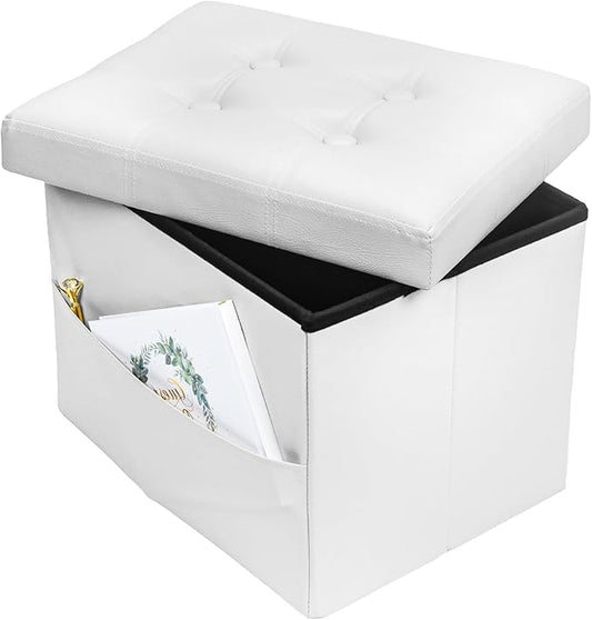 Bsketa Storage Ottoman Foot Rest Stool, Small Leather Storage Ottomans Bench, Folding Footstool with Side Pockets, Foot Rest Under Desk for Living Room Bedroom, 16x12x12 in, White