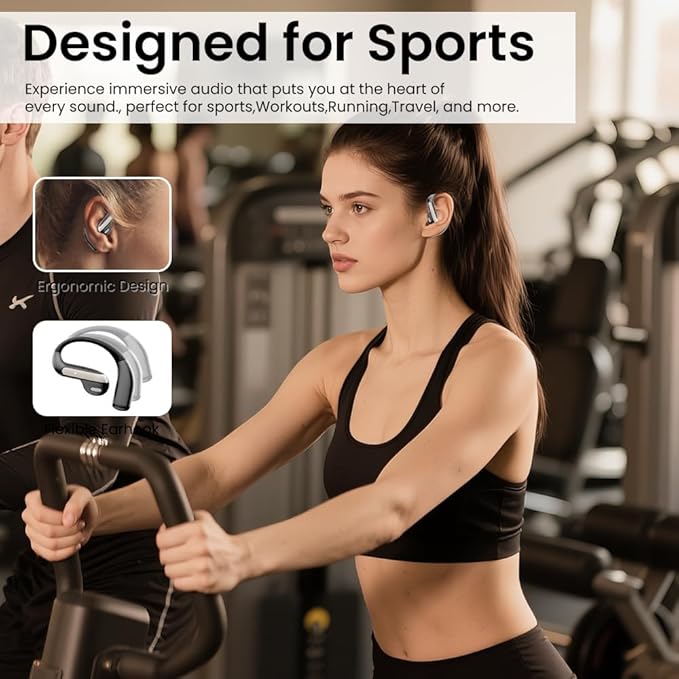 Open Ear Bluetooth 5.3 Earbuds, Wireless Headphones Sport Over Earphones Built-in Mic with Ear Hooks, 58H Playtime Ear Buds Fast Charging, IPX7 Waterproof for Running/Workout-Black