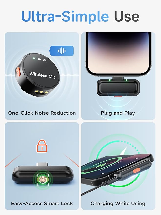 Wireless Lavalier Microphone for iPhone 15/16 & Android with USB-C Plug-Play, Mini Microphone with Noise Reduction, 360° Pickup, 36H Charging Case for Video Recording,Live Streaming, YouTube, TikTok