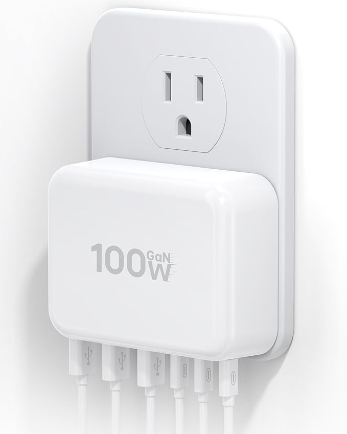 100W USB C Wall Charger Block, 6 Port Fast Charger Plug Adapter with PD USB-C + QC USB A Multiport Type C Charging Block Station Cube Hub for iPhone 17 16 15 14 13 12 Pro Max XR XS 8 7, Samsung