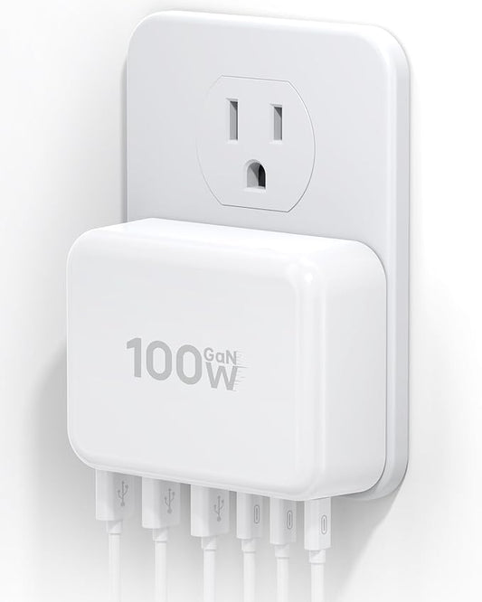 100W USB C Wall Charger Block, 6 Port Fast Charger Plug Adapter with PD USB-C + QC USB A Multiport Type C Charging Block Station Cube Hub for iPhone 17 16 15 14 13 12 Pro Max XR XS 8 7, Samsung