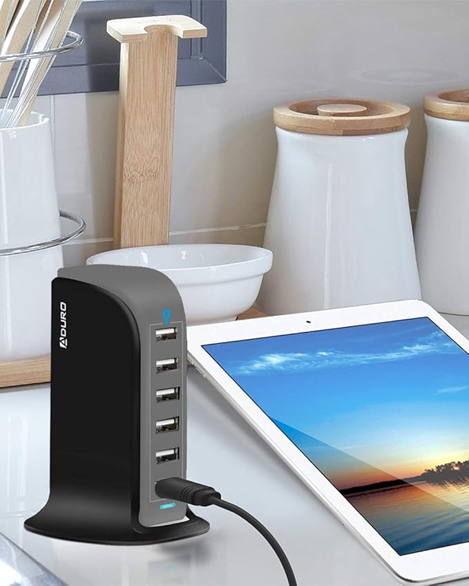 Aduro 40W 6-Port USB Desktop Charging Station Hub Wall Charger for iPhone iPad Tablets Smartphones with Smart Flow (Black/Grey)
