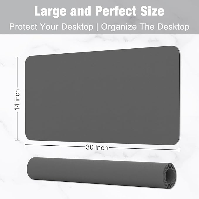 Hsurbtra Desk Pad, 30" x 14" PU Leather Desk Mat, XL Extended Mouse Pad, Waterproof Desktop Blotter Protector, Non-Slip Ultra Thin Large Laptop Keyboard Writing Mat for Office Home, Dark Gray