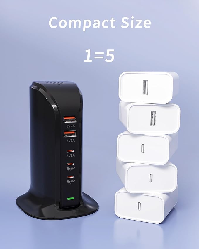 USB C Charging Station for Multiple Devices,55W Multiport USB Tower Charger,5 Port USB C Wall Charger Block for iPhone,iPad,Samsung (Black)