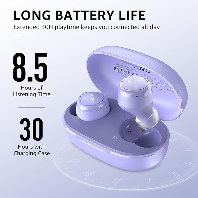 TOZO Wireless Earbuds Build in Mic Clear Calls Ergonomic Light Weight Bluetooth 5.3 in Ear Headphones Waterproof Premium Stereo Sound Ear Buds 30H Playtime with 32 EQs via APP