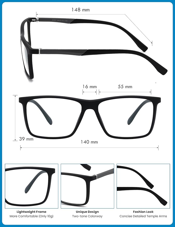 GUDVUE Mens Blue Light Glasses Rectangle Computer Glasses Gaming Glasses, Black/Gunmetal PRO