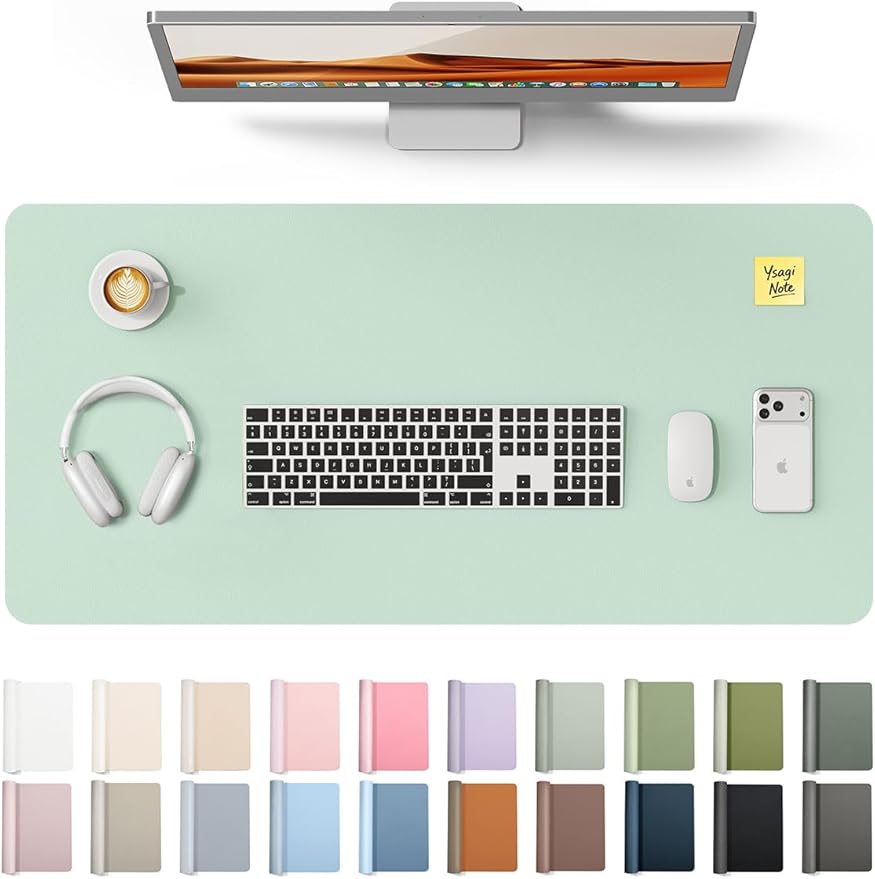 YSAGi Leather Desk Protector, Office Mat, Large Mouse Mat, Non-Slip PU Leather Blotter, Laptop Desk Pad, Waterproof Writing Pad for Office and Home (Pale Green, 35.4" x 17")