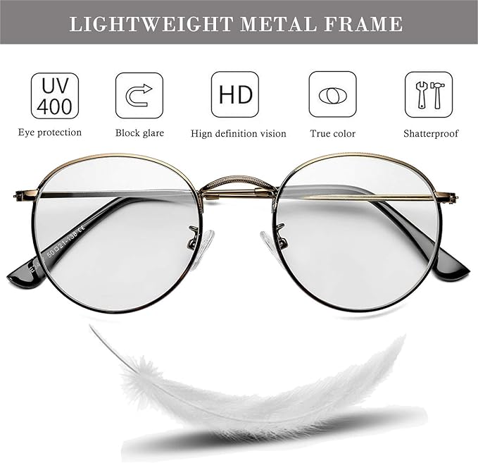 HJSTES Round Blue Light Glasses for Women Men Retro Circle Clear Lens Metal Frame Eyeglasses