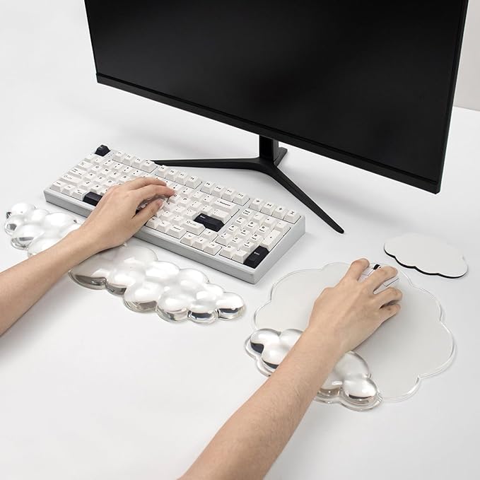 Clear Cloud Wrist Rest and Gel Mouse Pad for Keyboard and Mouse - 3 in 1 Ergonomic Gel Wrist Rest Support Set, Cute Office Accessories for Easy Typing/Computer/Latop/Home/Office