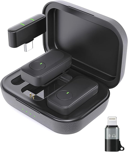 Wireless Lavalier Microphone for iPhone/Android Phone/Laptop/PC, Mini Lapel Mic with 50H Battery Life Charging Case, 100FT Range and Noise Reduction, for Video Recording, Streaming, TikTok