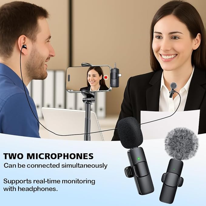 Mini Microphone,3 in 1 Wireless Lavalier Microphones for iPhone/iPad/Android/Camera(Lightning/USB/3.5 mm Jack),2 Pack Bluetooth Microphone with on Mute/Noise for Video Recording Vlog,Youtube,Tiktok