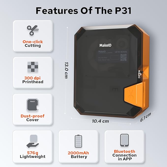 Makeid P31S Portable Industrial Label Printer, 1" Print Head with Bluetooth, Mobile/PC Software, with 0.75" x 19.68ft Label for Wire, Cable & Heat Shrink Tubes at Job Sites.
