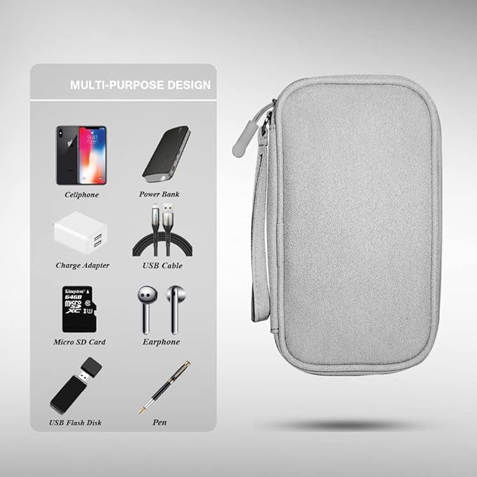 Electronics Organizer Bag Pouch Cable Charger Case Travel Shockproof Cord Carrying Case for Earphone Powerbank USB Hard Drive SD Card (Grey)