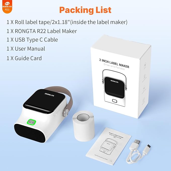 Rongta Bluetooth Label Maker Machine with Tape, Thermal Label Printer for Office, Small Business Essentials, Home Organization, Portable Inkless Sticker Label Maker with 2x1.18 inch Labels