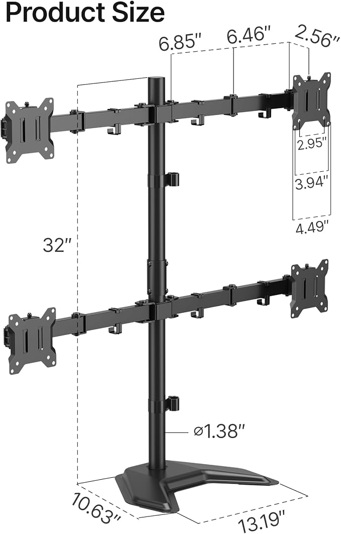 monTEK Stable Quad Monitor Stand, Free Standing Fully Adjustable Desk Mount for 4 Screen up to 17”-32” and 22lbs Capacity Each Arm, Heavy Duty Base, VESA 75x75mm/100x100mm