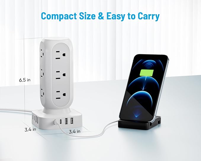 Tower Surge Protector Power Strip, Flat Plug Outlet Extender with 12 AC Outlets & 8 USB Ports, 5 FT Extension Cord with Multiple Outlets, 24W Total Charging Station for Home Office Dorm Room