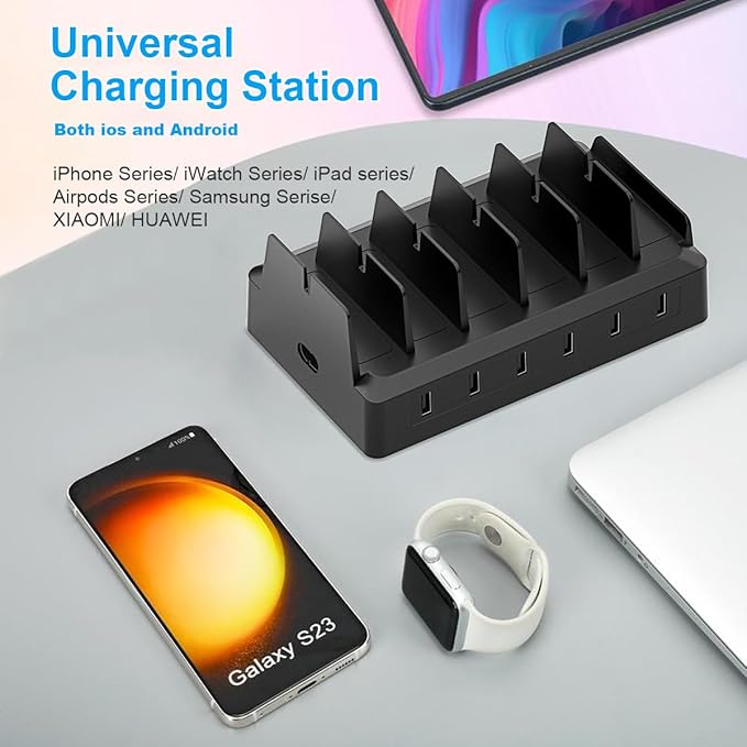 Charging Station for Multiple Devices, 6 Port USB Charger with Holder Stand and Cables for iPad, Apple, Android, Tablet, Office Desk Charging Dock Storage Organizer (Black)