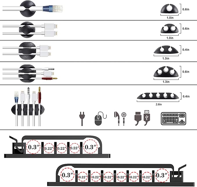 N NOROCME 192 PCS Cable Management Kit 4 Wire Organizer Sleeve,11 Cable Holder,35Cord Clips 10+2 Roll Cable Organizer Straps and 100 Fastening Cable Ties for Computer TV Under Desk, black,clear - Image 4