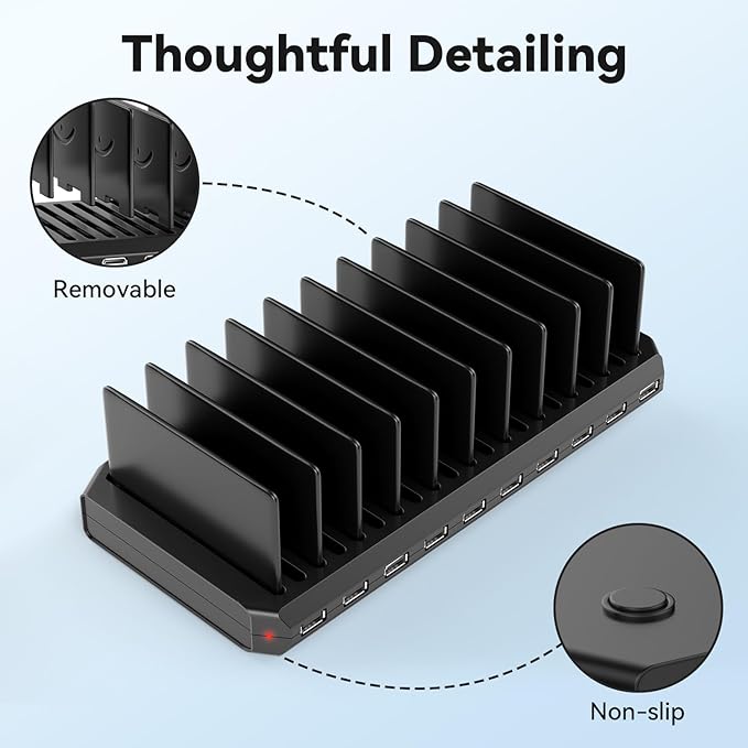 Charging Station for Multiple Devices, Multiple USB Charger Station with 10 Fast Charging Ports, Charging Station for iPhone Apple Watch Samsung Cellphone