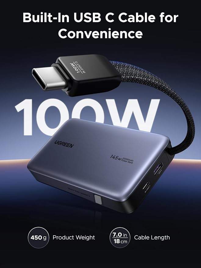 UGREEN Nexode Power Bank, 20000mAh 145W Laptop Portable Charger with Built-in USB-C Cable 72Wh Fast Charging Business Travel Battery Pack for MacBook Pro/Air/ipad/iPhone 17/Samsung S25/Dell/HP/Lenovo