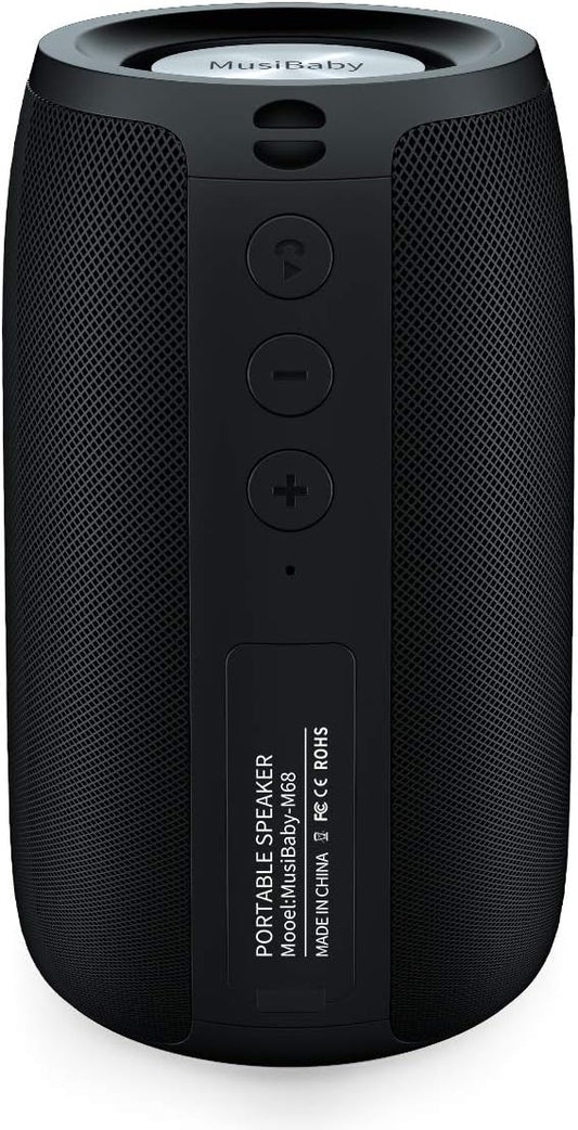 MusiBaby M68 Portable Bluetooth Speaker – Wireless Waterproof Sound for Home and Outdoor Use – Deep Bass, Dual Pairing, 24H Playtime, Compact Design (Black)