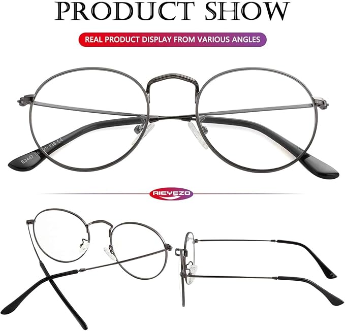 AIEYEZO Blue Light Glasses for Women Men Fashion Retro Circle Wire Frames Eyeglasses Anti-Blue Light Computer Gaming Glasses