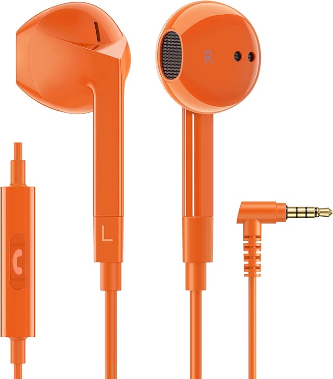 LUDOS FEROX Wired Earbuds in-Ear Headphones, 5 Year Warranty, Earphones with Microphone, Noise Isolation Corded for 3.5mm Jack Ear Buds for iPhone, Samsung, Laptop, Kids, School Students - Orange