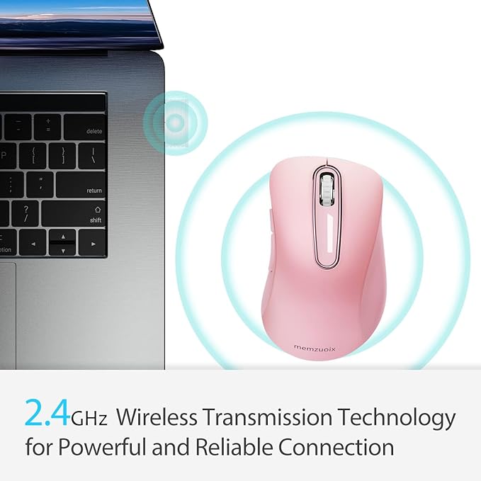 memzuoix 2.4G Wireless Mouse, 1400 DPI Mobile Optical Cordless Mouse with USB Receiver, Portable Computer Mice for Laptop, PC, Desktop, MacBook, 5 Buttons (Pink)