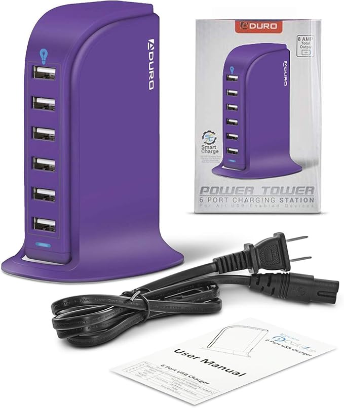 Aduro 40W 6-Port USB Desktop Charging Station Hub Wall Charger for iPhone iPad Tablets Smartphones with Smart Flow (Purple)