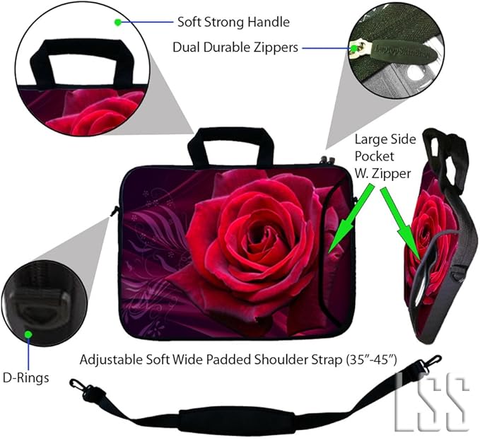 LSS 15.6 inch Laptop Sleeve Bag Compatible with Acer, Asus, Dell, HP, Sony, MacBook and more | Carrying Case Pouch w/ Handle & Adjustable Shoulder Strap, Pink Rose Floral Flower