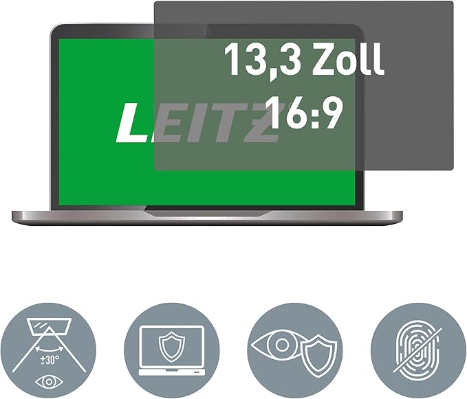 Leitz Laptop Privacy Filter 13.3 Inch (16:9), Removable Protective Film for Laptops, with Blue Light Filter and Anti-Glare Protection, Can be Used on Both Sides, Touchscreen Compatible, Made in