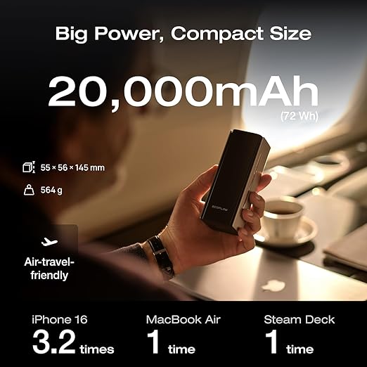 EF ECOFLOW Rapid Pro Power Bank, 20,000mAh 4-Port with 230W Max Output, Portable Charger with 100W Built-in Cable, TSA-Approved, App Control, for MacBook, iPhone 17/16 Series, Laptops, and More