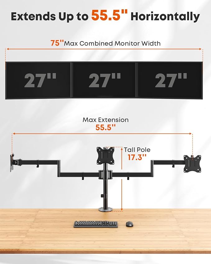 Triple Monitor Mount,3 Monitor Desk Mount Fits 13-27 inch Screens,Triple Monitor Stand Fully Adjustable with Cable Management,22 lbs Weight Capacity per Arm,VESA 75/100mm