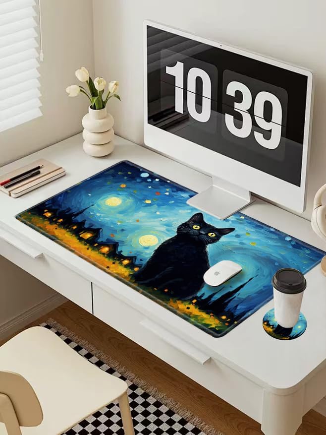 Large Mouse Pad Gaming Desk Mat Black Cat Mousepad XXL 31.5''X15.75'' Desk Pad Extended Mouse Mat of Girl Desktop Computer with Coaster