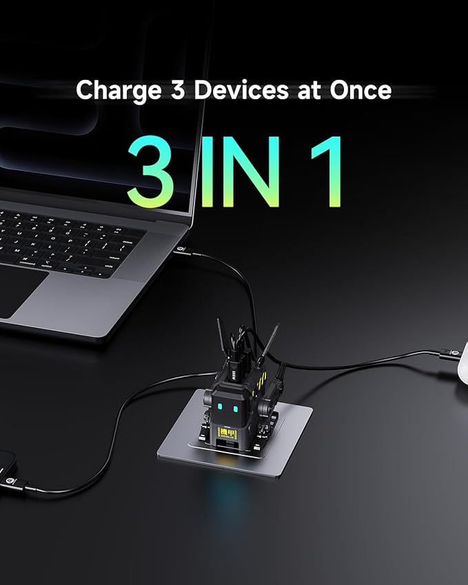 GravaStar 65W Alpha65 Robot Fast GaN Charger Block, 3-Port Fast Charger, Foldable Wall USB C Charger for iPhone, MacBook, iPad, Laptop, Steam Deck, Gifts for Men (65W, Gray)
