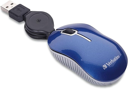 Verbatim Wired Optical Computer Mini USB-A Mouse - Plug & Play Corded Small Travel Mouse with Retractable Cable ?€? Blue 98616