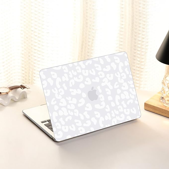 AKIT Compatible with MacBook Air 13 Inch Case M1 2022 2021 2020 2019 2018 A2337 A2179 A1932, Pattern Hard Shell Laptop Case+Screen Protector+Keyboard Cover for Mac Book Air 13.3 Inch, White Leopard